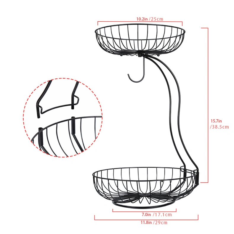 Multifunctional Modern Countertop Iron Decorative Floor Stand Steel Metal Wire Steel 2 Tier Hanging Fruit Vegetable Basket