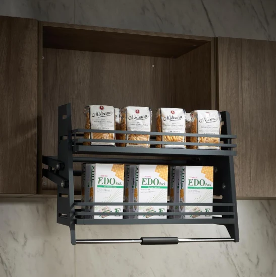 Wellmax - Organizador de armario de pared de cocina de tres lados, multifunción, pared de almacenamiento, diseño moderno, elevador de acero cromado, utensilios de cocina, cesta de alambre extraíble