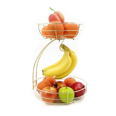 Canasta de frutas de 2 niveles de oro desmontable de alambre de metal personalizado con soporte de suspensión de plátano