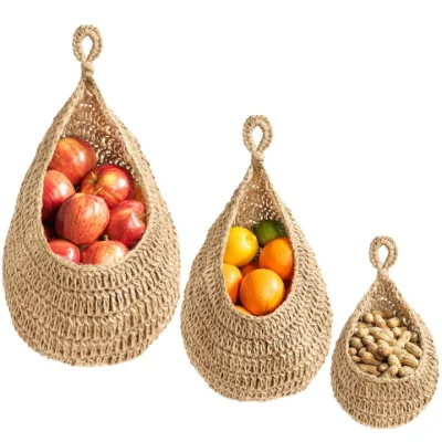 Cesta colgante de yute para colgar en la pared, cestas de frutas y verduras para despensa, patata, ajo, cebolla, fruta